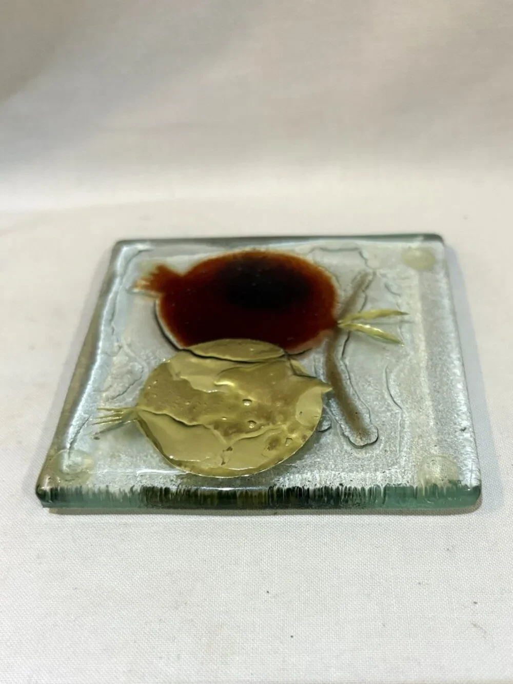 Set of 4 Hand Made Fused Glass Metallic Foil Coasters Pomegranates